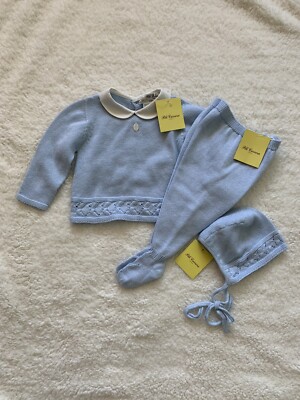 Pili Carrera Baby Boys 2-Piece Blue Layette Set With Bonnet NWT Size 6M