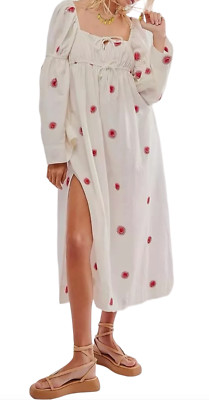 NEW FREE PEOPLE IVORY COMBO EMROY EMBROIDERED SUN MIDI DRESS OB1963203 SZ M