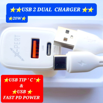 Charger USB Type-C 2 Dual Fast Adapter 20W Quick Wall C Cable 3.0 PD Ports Power