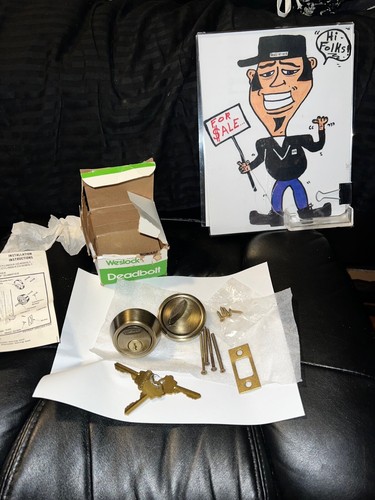 WESLOCK DOOR LOCK Cylinder DEADBOLT ANTIQUE BRASS LOOK IN BOX 3 KEYS ESTATE😁🔐