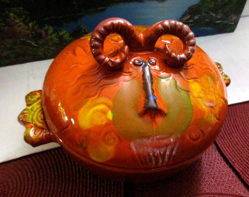 1970s Pacific Coast Orange Ram Casserole Dish Signed B. Welsh Stoneware Ceramic