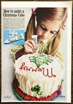 1967 Cake Mate Decoration Icings Gels PRINT AD How to Paint a Christmas Cake