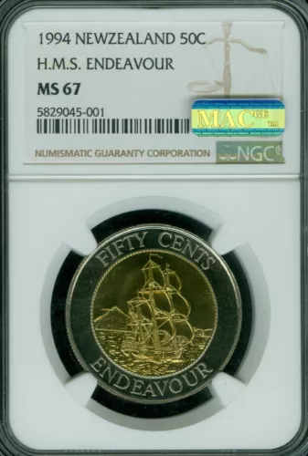 1994 NEW ZEALAND BI-MEDAL 50 CENTS NGC MS67 2ND FINEST GRADE SPOTLESS *