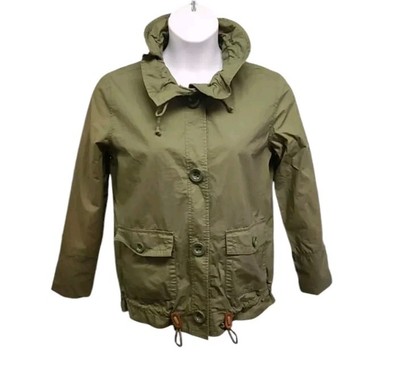 J.Crew Caprice Utility Jacket Womens 6 Green Drawstring Hem Ruffle Collar Casual