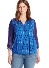 Lucky Brand Womens Plus 1X Blue BOHO Print Knit Chiffon Shirt Top 3/4 Sleeve NWT