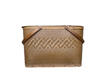 Vintage Hawkeye Burlington Co Woven Wood Picnic Basket with Shelf Insert