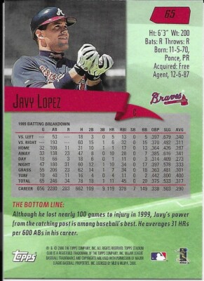 Javy Lopez - 2000 Topps Stadium Club #65 - Atlanta Braves Baseball