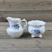 Vintage Sugar Bowl & Creamer Bone China England Blue Floral Design