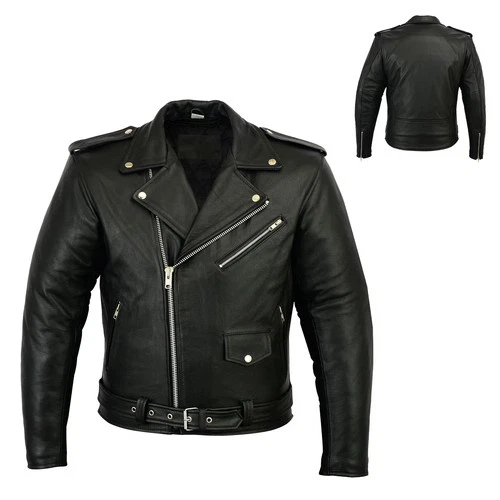 Men's Vintage Brando Style Black Leather Biker Motorcycle Jacket image 3