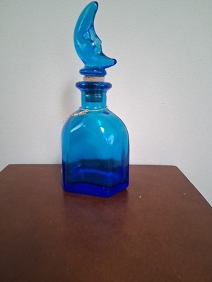 VTG Cobalt Blue Glass Perfume Bottle Crescent Face Stopper 