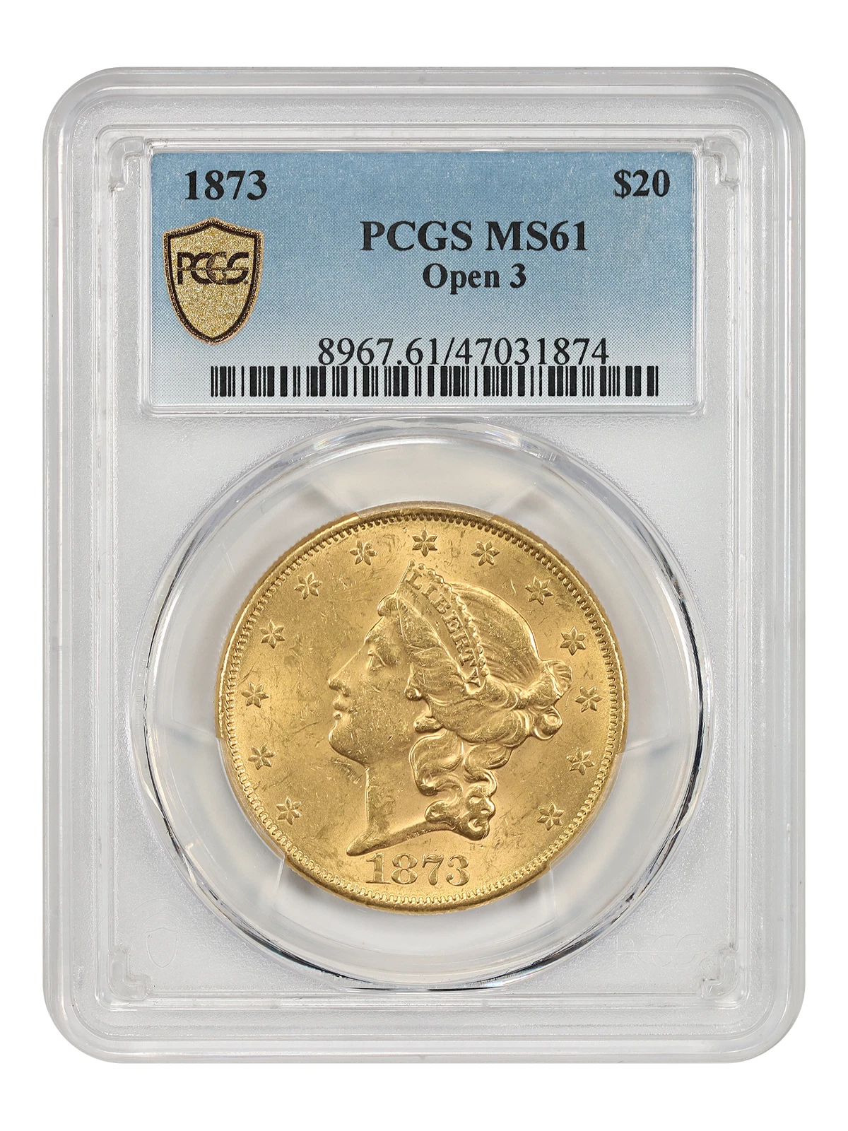 1873 $20 PCGS MS61 (Open 3) - Liberty Head $20 - Desirable Type 2 Double Eagle