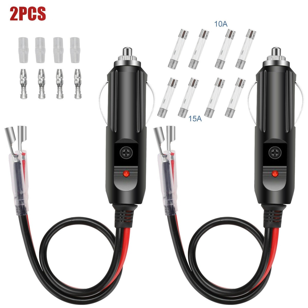 2PCS DC 12V/15A Fused Car Cigarette LED Lighter Adapter Power Male Plug W/  Leads