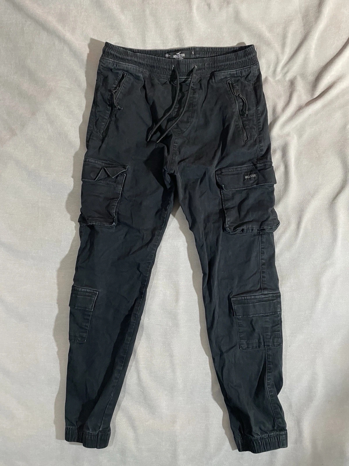 Hollister Pant Mens S Black Cotton Cargo Jogger Tapered Utility Workwear Stretch