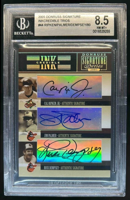 2005 Donruss Cal Ripken Jr Jim Palmer Rick Dempsey INKcredible Auto #/80 BGS 8.5