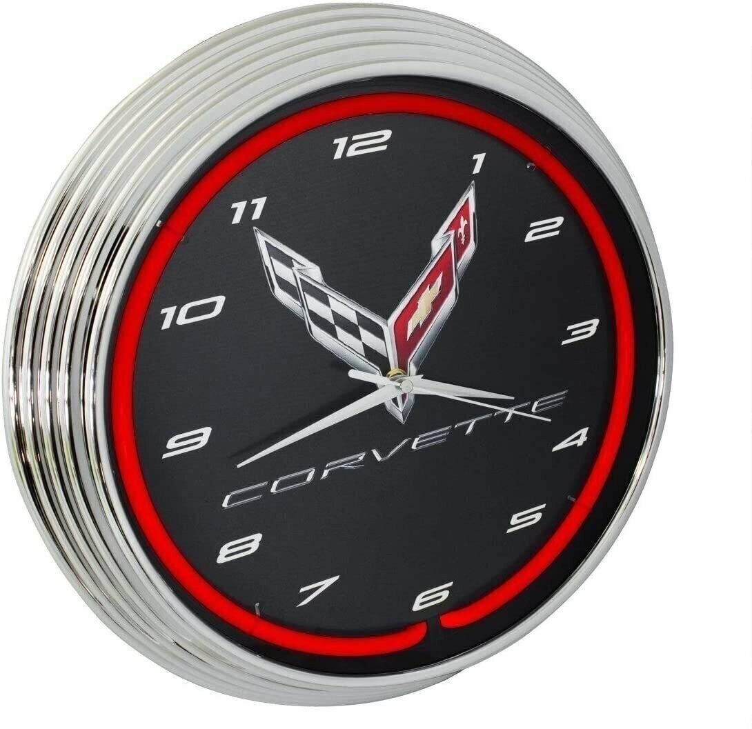 C8 Corvette Clock - 15" Neon Wall Clock with C8 Crossed Flags Logo