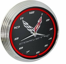 C8 Corvette Clock - 15 Neon Wall Clock With C8 Crossed Flags Logo