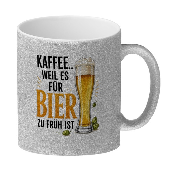 Glitzer-Kaffeebecher Kaffee Bier - Tasse Mit Goldenem Biermotiv Mit Spruch:-image