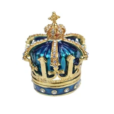 Hand Painted Enameled Blue Crown Style Decorative Hinged Jewelry Trinket Box