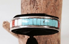 Zuni Sterling Silver Multi Stone Inlay Cuff Bracelet Late 20th Century 5.5"