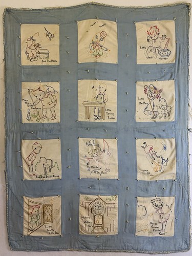 VTG Hand Embroidered Baby Blue Quilt Nursery Rhyme 12 Panel Crib Blanket 44”x32
