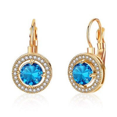 Austrian Crystal Halo Round Leverback Drop Earrings for Women 14K Rose Gold - 04
