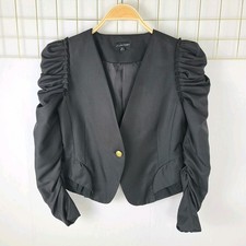 Love University Womens Blazer Medium Puff Shoulder Crop Gold Button