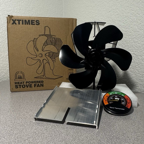 XTIMES Heat Powered Stove Fan 6-Blade Black Silent No Electricity w Thermometer