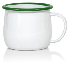 Set of 4 Enamelware Metal 12 Oz Round Camping Mugs, Solid White/Dark Green Rim