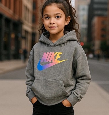 Nike Kids Girls Crop Hoodie Gray Medium Rainbow Gradient Logo CJ6937-10