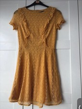 New Look Yellow Floral Lace Fit & Flare Round Neck Lined Knee Dress UK 8