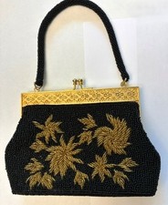 Vintage Gorgeous Black  Gold Beaded Evening Purse Nearly New Hong Kong made