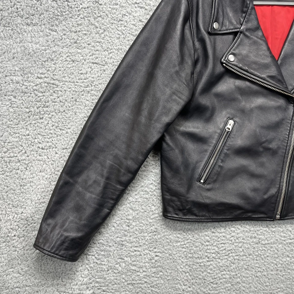 Chaqueta de cuero Levi's para mujer XL negra motociclista cremallera asimétrica forrada en rojo Foto 3 de 4