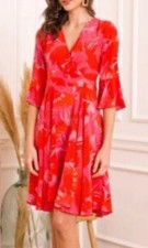 Choklate Paris Dress Women's V Neck Flare Midi Small Fuchsia Coral Bell Sleeve