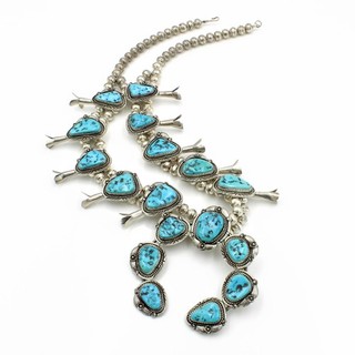 Southwest Sterling Turquoise Floral Motif 26.5" Squash Blossom Necklace #S6159 1