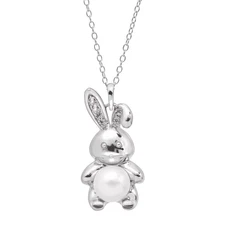 Finecraft Freshwater Pearl & Created Pink Sapphire Bunny Necklace in Silver, 18"