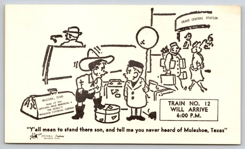 Postcard Muleshoe TX Comic Stovall Comic Card Train No 12 Grand Central Station