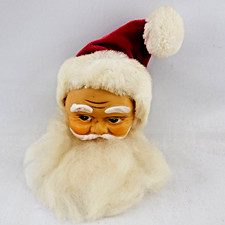 Santa Head Ornament Fluffy Beard Velvet Hat Rubber Face 1960s 7"H Vintage c-16