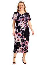 Connected Apparel Floral Cape Sleeve MIDI Dress Navy Mauve Size 12 Short Sleeve
