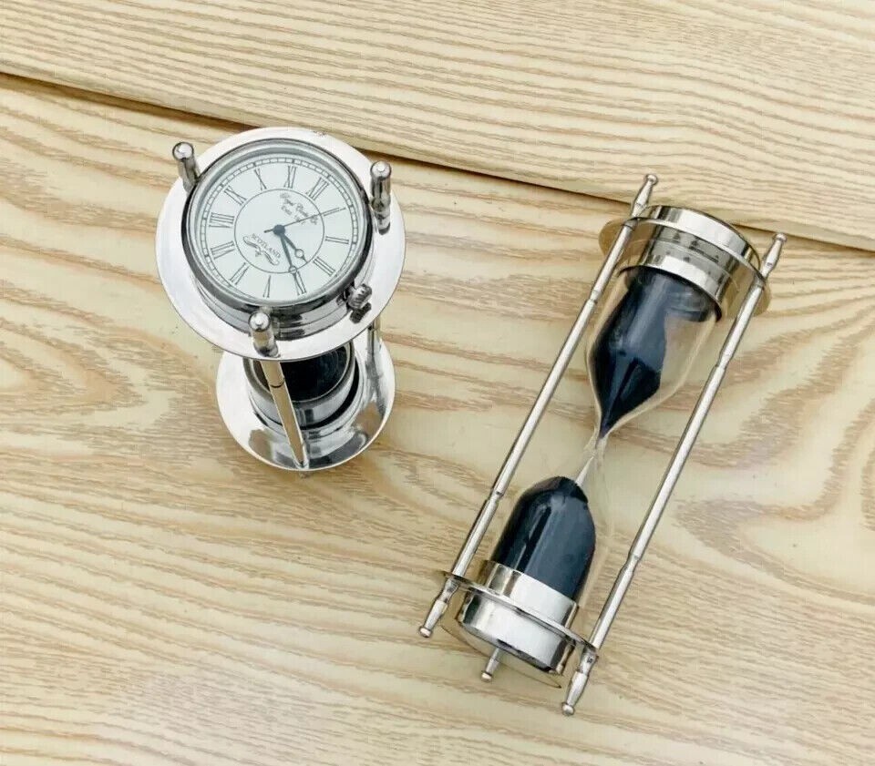 Vieux Grand Rétro-timer De Bateau Maritime En Laiton Avec Sablier En Verre Et Horloge