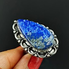 Natural Lapis Lazuli Pear Gemstone Ring 925 Sterling Silver Adjustable Ring