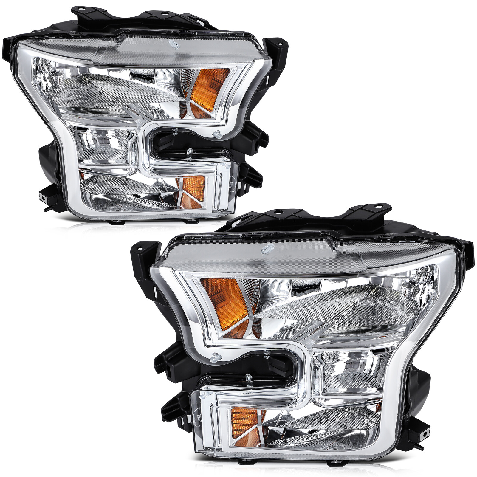 For 2015-2017 Ford F150 Chrome Housing Headlights Assembly Passenger Driver Pair