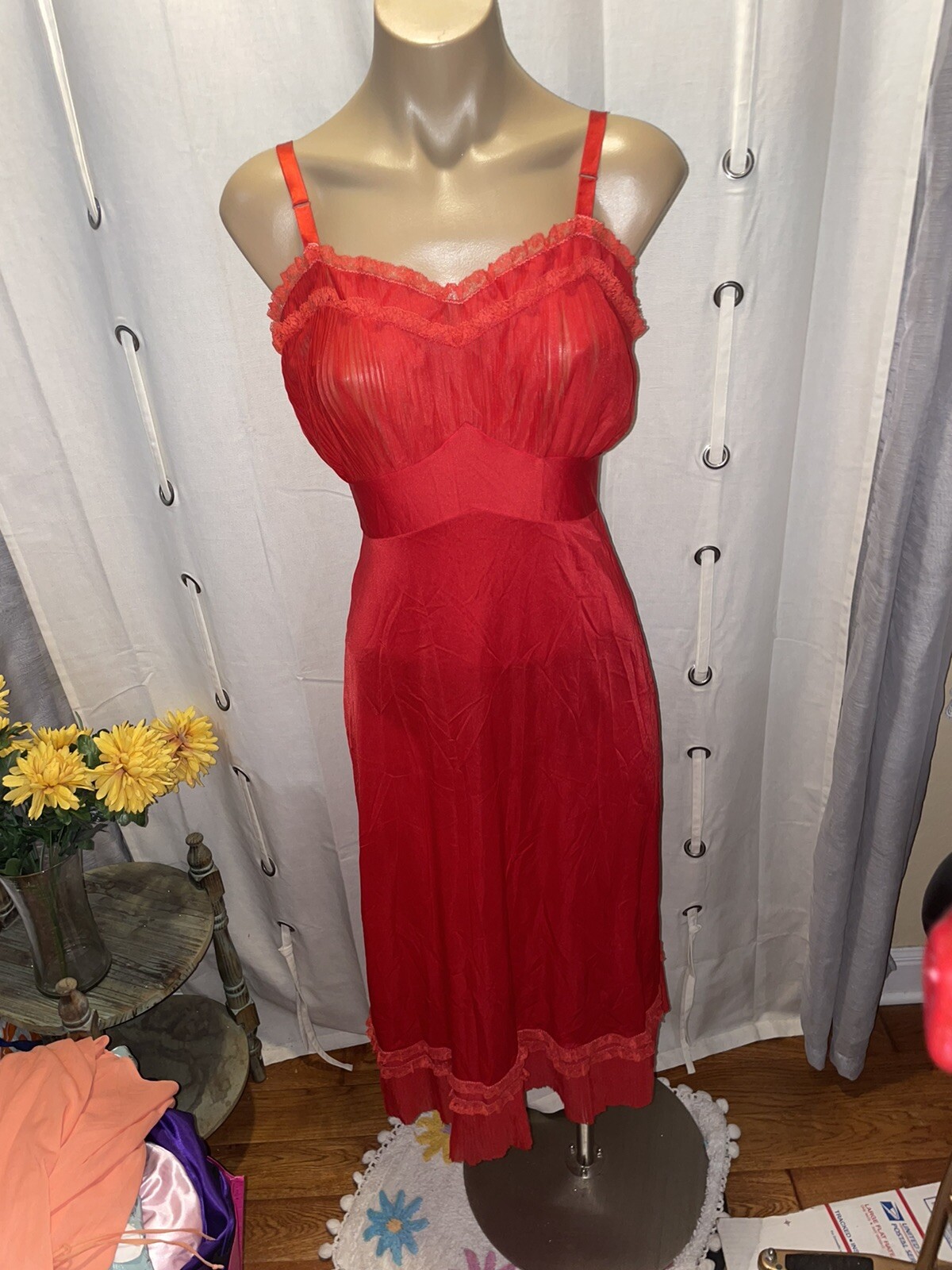 Vintage Slip Dress Red Lace Trim Sheer Pleated Hem Ni… Gem