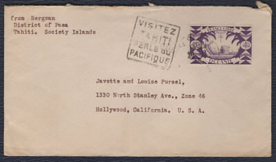FRENCH OCEANIA POLYNESIA 1942/45, Cover to Hollywood USA, Sc 157, SG 146, Mi 177