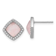 12mm Sterling Silver Polished CZ  Rose Quartz Square Post Earrings