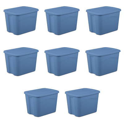 Sterilite 18 Gallon Plastic Storage Container with Snap-on Lid Light Blue 8 Pack