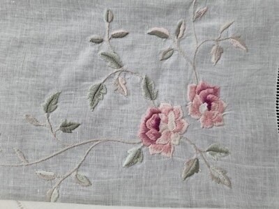 Pure Linen Embroidered Tablecloth with Hand Finishes 185x280cm 12 Seater