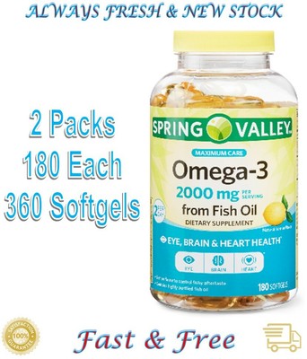 2 PK Spring Valley Omega-3 Fish Oil Soft Gels, 2000 mg, 180 CT Each ~ 360  Total | eBay
