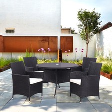 Black Garden Furniture Set Rattan Table Chairs Outdoor Patio Table +Parasol Hole