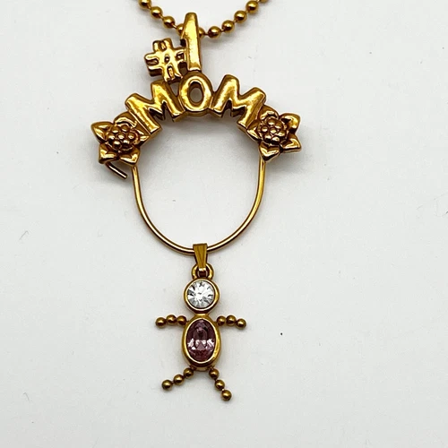 #1 MOM February Birthstone Figural Charm Gold Tone Pendant Necklace Vintage Avon