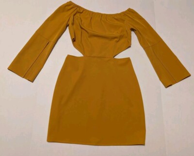 After Market Side Cut Out Split Sleeve Off The Shoulder Golden Yellow Dress